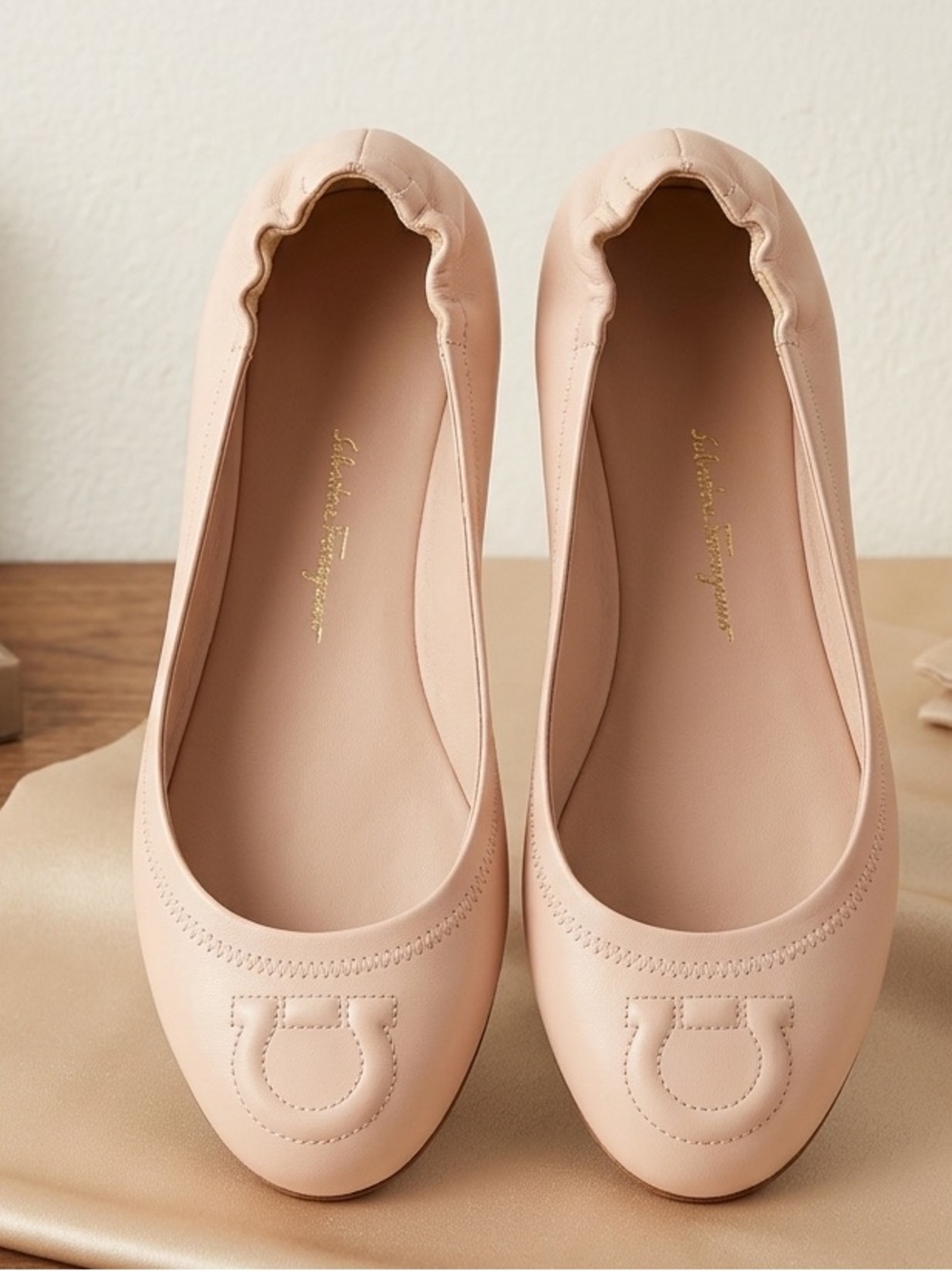 Salvatore Ferragamo Blush Pink Leather Vignola Gancio Scrunch Flats - Size 6.5 C
